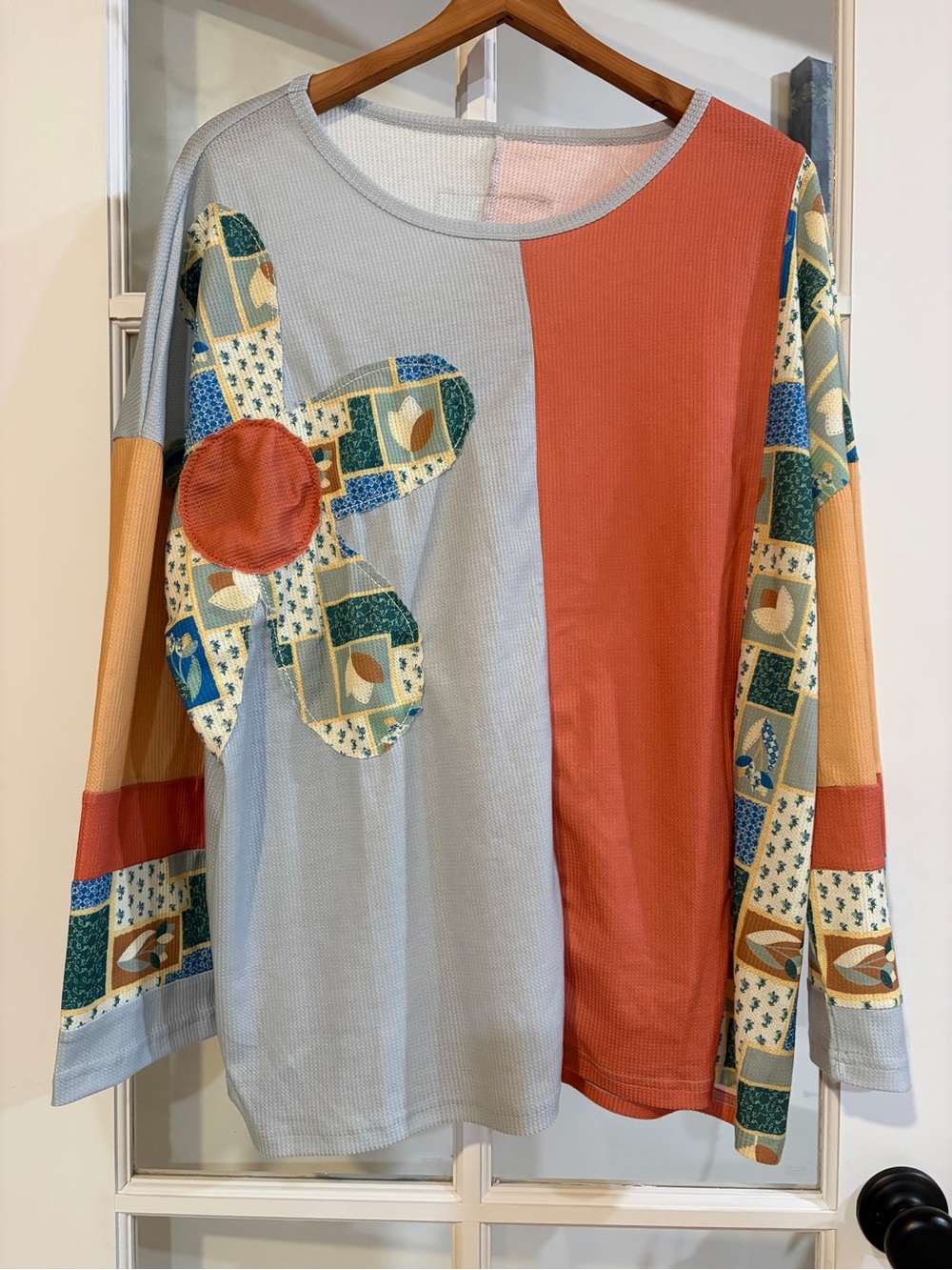 Patchwork Thermal Top Daisy Patch Waffle Knit Floral Applique Casual Boho 3XL
